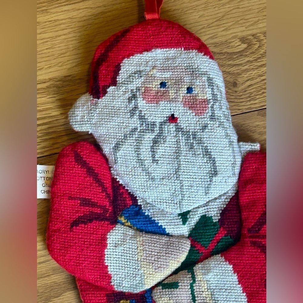 Vintage Handmade Needlepoint Christmas Stockings Set 2 Santa Toys 1990s Decor - Picture 13 of 16
